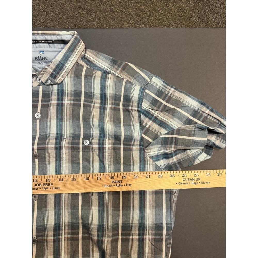 Kuhl Button Shirt Mens XL Blue Plaid Short Sleeve Outdoor Hiking Top Linen Blend - Picture 6 of 6